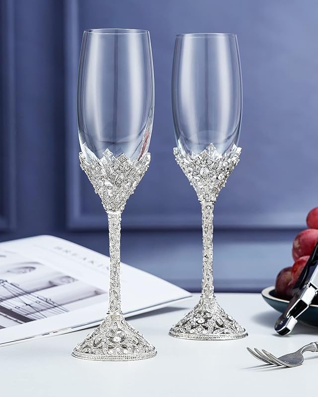 Champagne Flutes Crystal Glass Metal Base, Set of 2