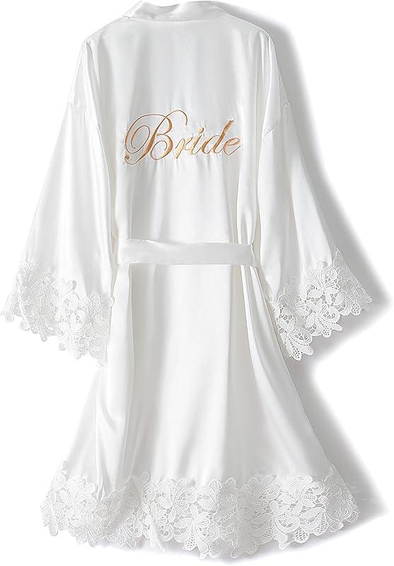 Women's Bride Bridesmaid Robe with Lace Trim, Soft Satin