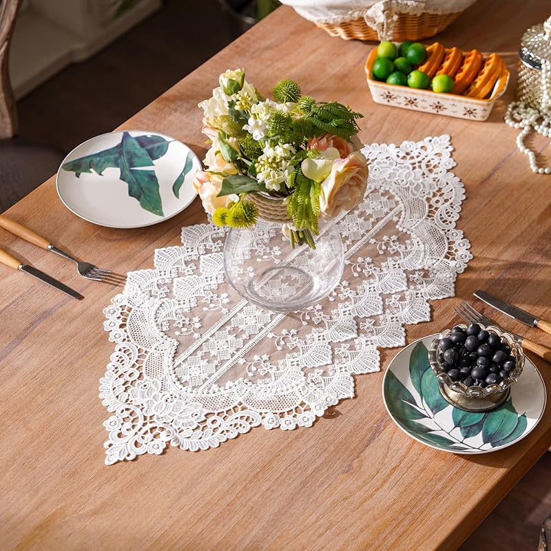 SUTAVIA White Embroidery Floral Lace Table Runner