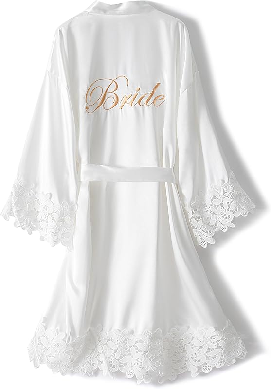 Lace Trim Bridesmaid Satin Robe with Embroidery