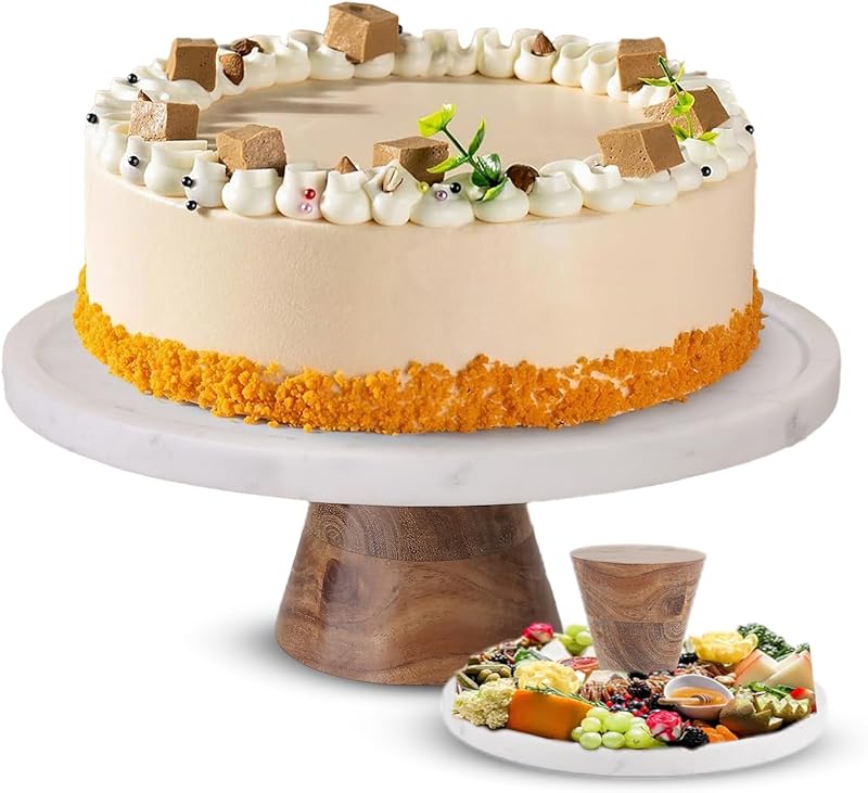 Marble & Acacia Wood Cake Stand, 11 Inch