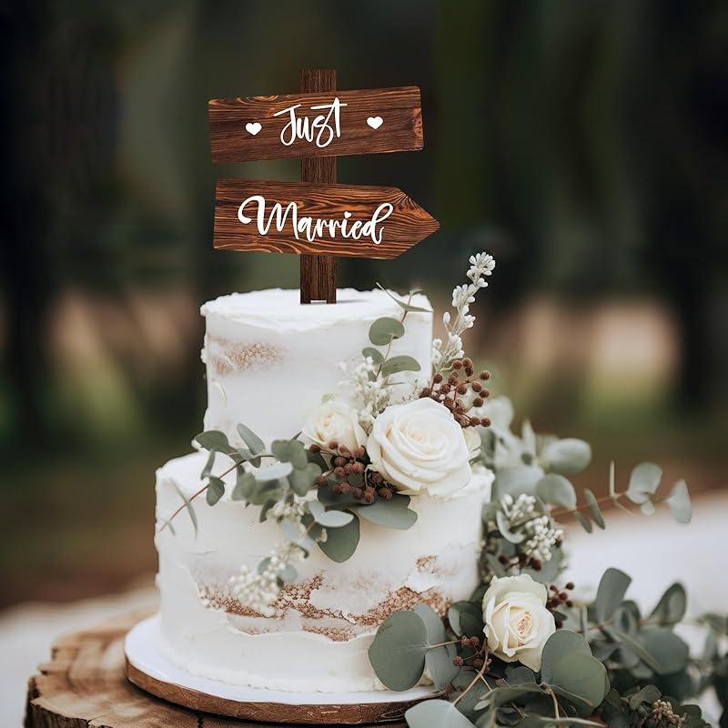 Rustic Just Married Wedding Cake Topper in Wood