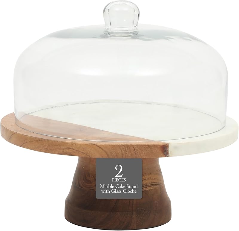 Marble & Wood Cake Stand with Glass Dome, 10 Inch
